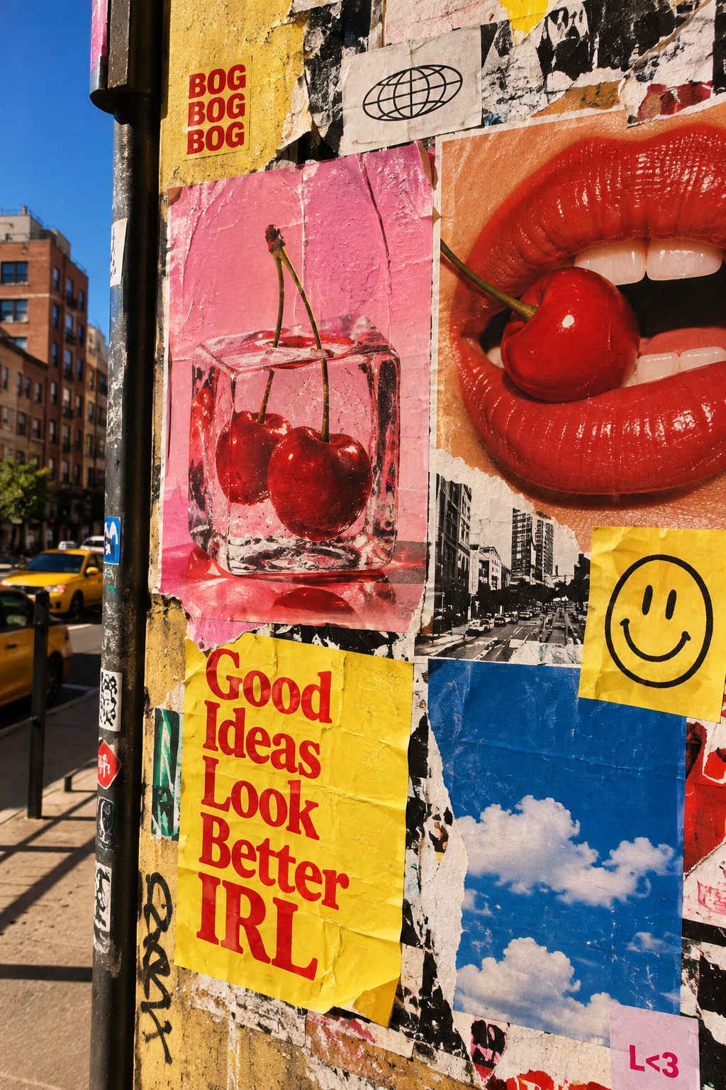 Collage de cerezas, labios y cielo azul en una pared