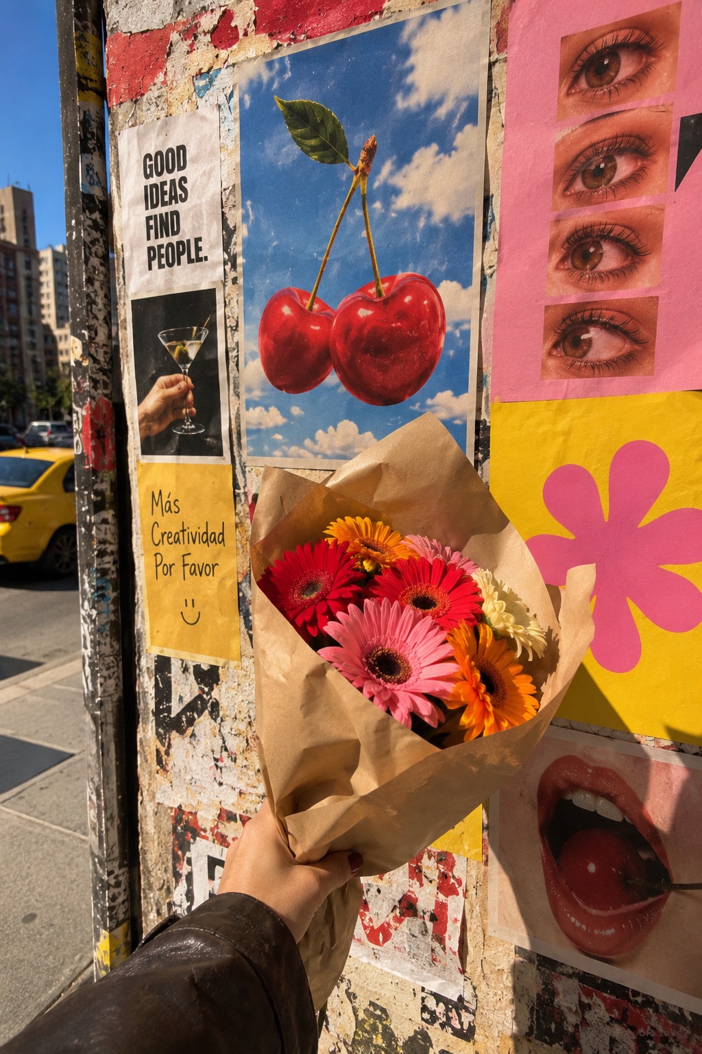 Flores frente a un collage urbano amarillo y rosa
