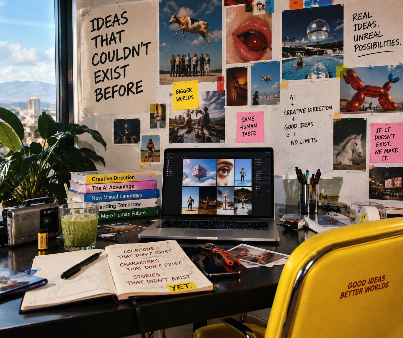 Escritorio creativo con referencias e imágenes con IA